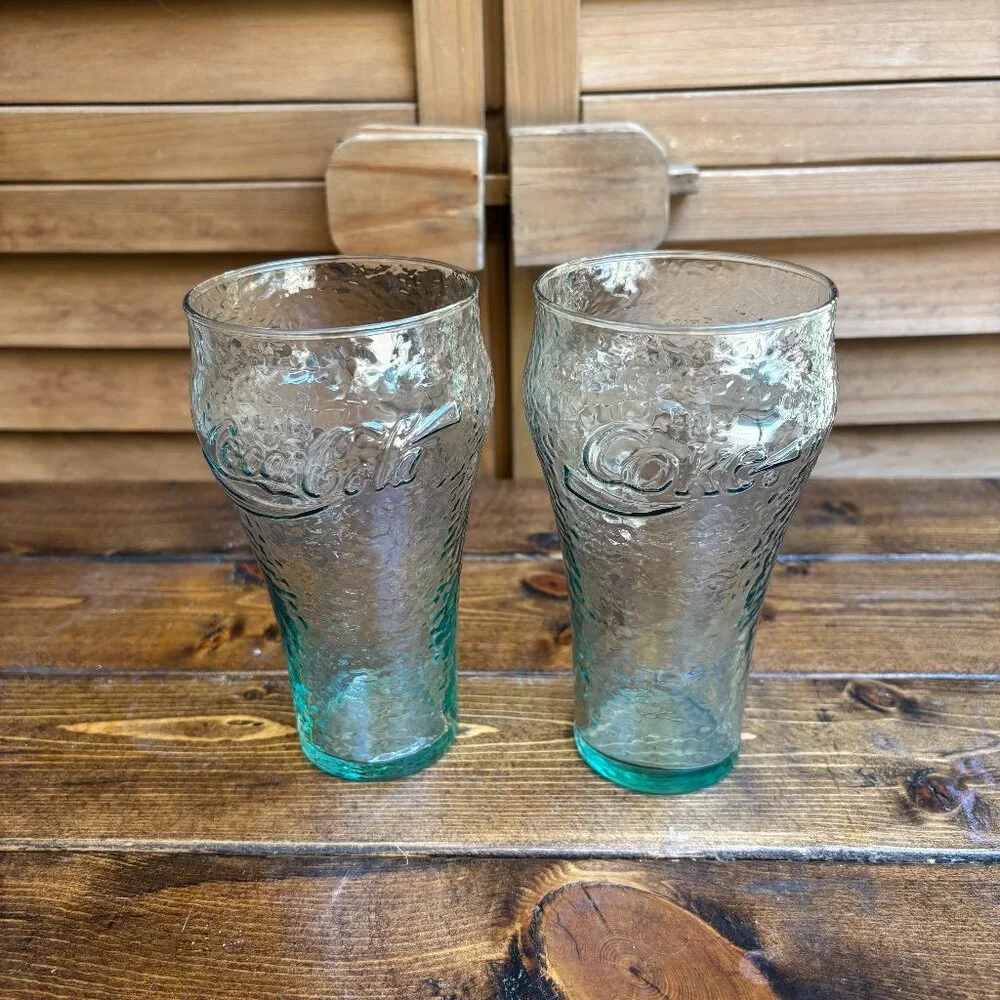 Coca-Cola Textured Green Glasses – Set of 2 – Vintage Contour Style